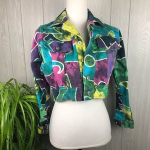 NWOT Vintage Denim Jacket Handmade One Of A Kind Crop Length Bright Colors 90’s